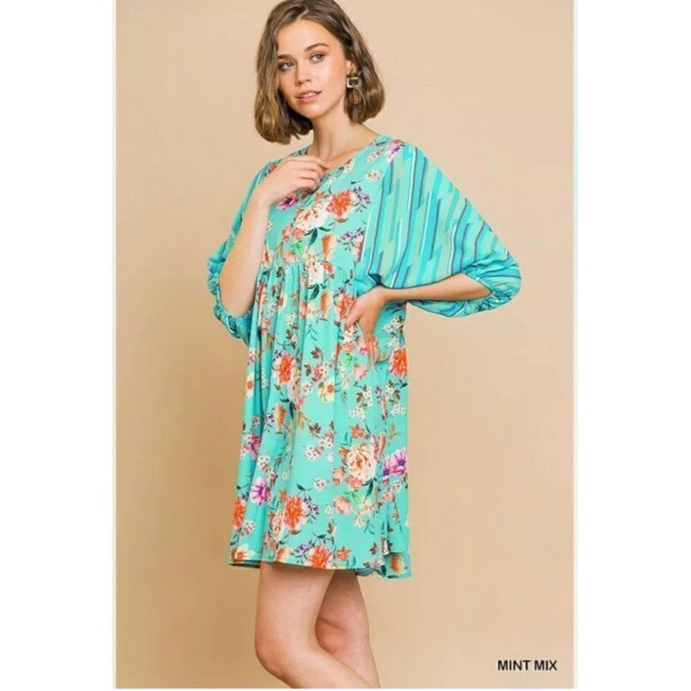 Umgee Mint Floral / Stripe Puffed Sleeve Tunic Dress Size M